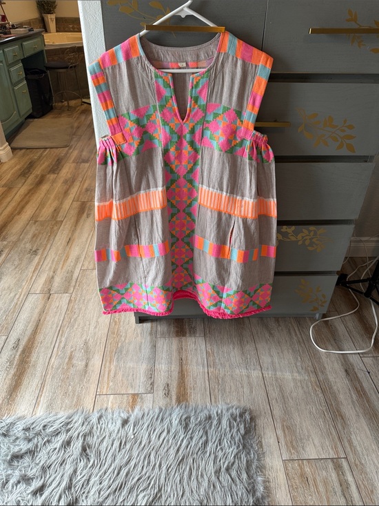 Dresses & Skirts - Sleeveless Embroidered Tunic Dress - Gray with Neon Pink & Coral Accents